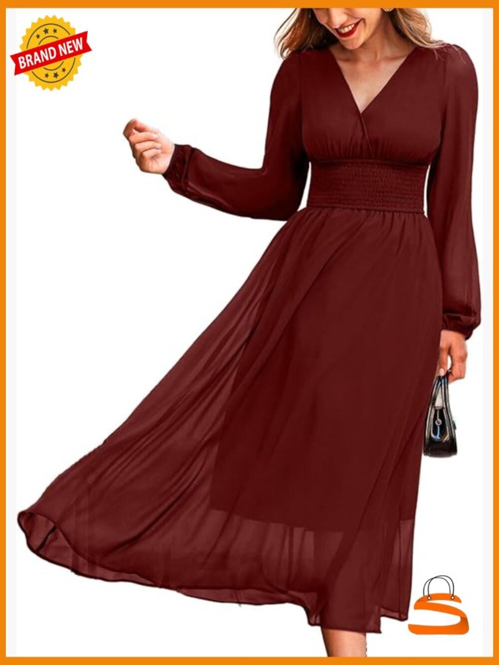 Women's Maxi Dress Long Sleeve V-Neck Smocked Waist Formal Cocktail